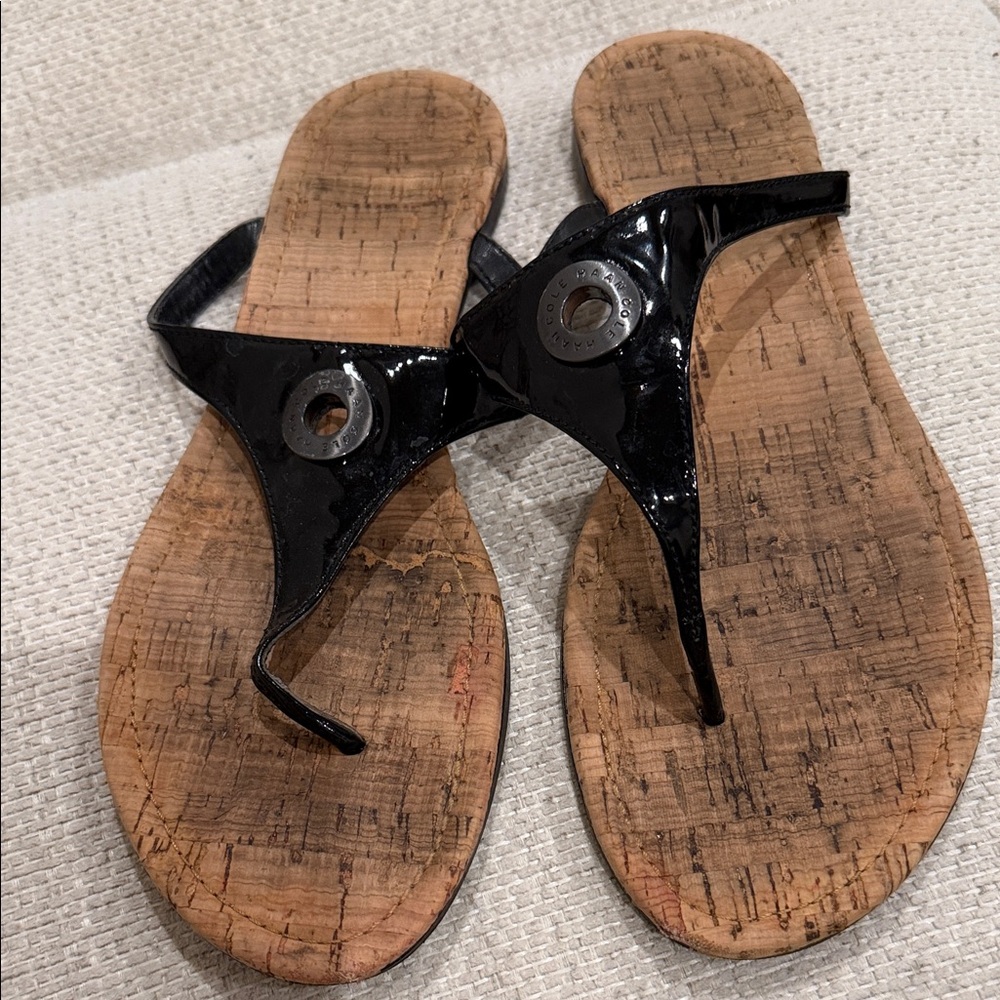 Cole Haan Black Patent Thong Sandals with Cork Footbed